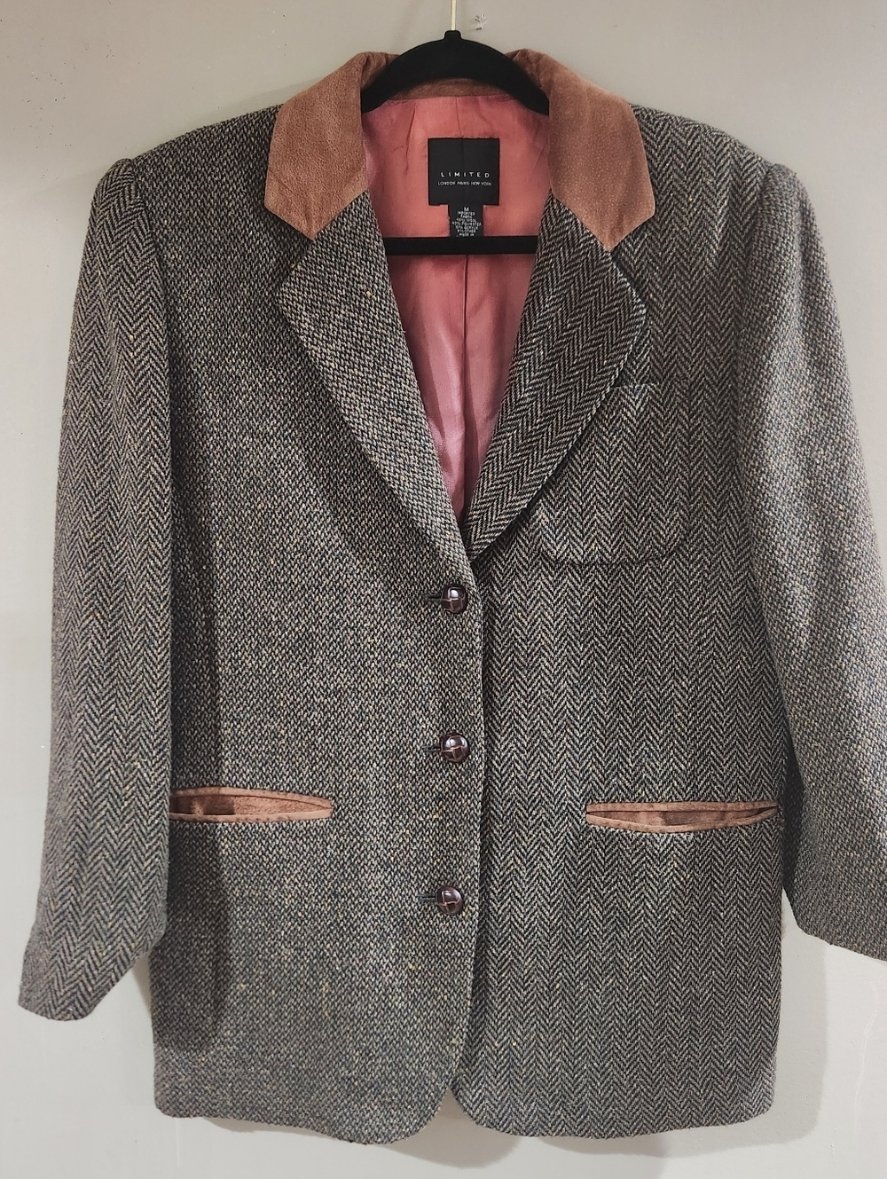Vtg 1990s Limited Collection Herringbone Tweed Wool Suede Plaid Blazer Sz M
